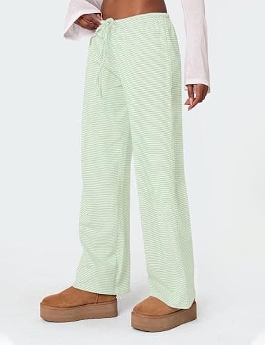 Ugerlov Women's Wide Leg Striped Pants Casual Drawstring Elastic Low Rise Pajama Pants Lounge Wear Trousers thumbnail 2