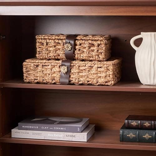 Wooswen Wicker Storage Basket Decorative Box with Lid, Water Hyacinth Woven Design for Shelf& Coffee Table Large thumbnail 2