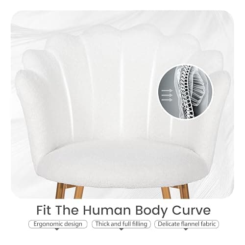 Armchair Tub Chair, Boucle Vanity Chair Shell Accent Chairs with Gold Plating Metal Legs, Leisure Single Sofa Dressing Chairs for Home, Office, Bedroom, Living Room, Dining Room (White) thumbnail 5