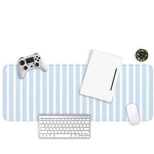MAY FLOWER Large Aesthetic Mouse Pad, Full Kawaii Keyboard Mat with Cozy Striped Pattern, Cute Computer Mouse Mat, Anti-Slip Rubber Base, 31.5 x 11.8 Inches (Light Blue) thumbnail 2