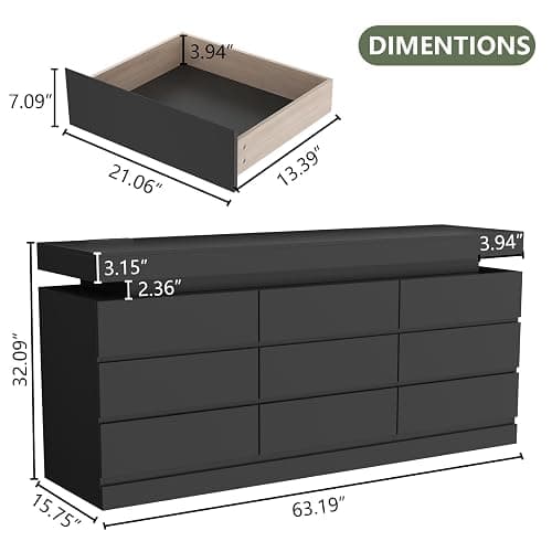 Gyfimoie 9 Drawer Dresser with Power Outlet, Dresser with LED Light, Modern Chest of Drawers for Closet, Double Wide Drawer Organizer Cabinet for Bedroom, Living Room (Black, 9 Drawers) thumbnail 2