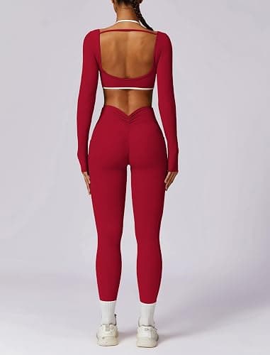 Workout Sets for Women 2 Piece Outfits Seamless High Waist Leggings Yoga Long Sleeve Crop Tops Athletic Gym Sets thumbnail 2