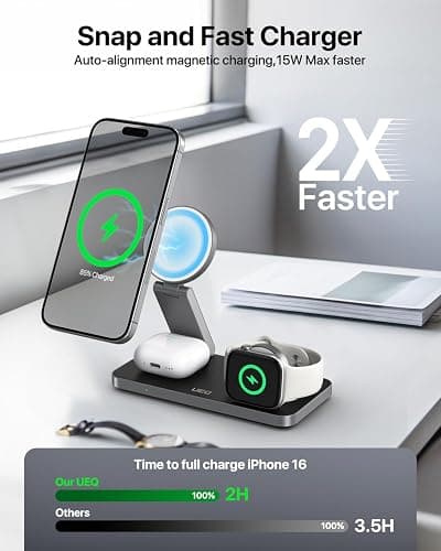 UEQ Foldable 3 in 1 Wireless Charging Station for Apple Compatible with Magsafe Charger Stand,Magnetic Wireless Charger Station for iPhone 17 Air16 15 14 13 12 Series,Airpods Pro,Apple Watch(Black) thumbnail 2