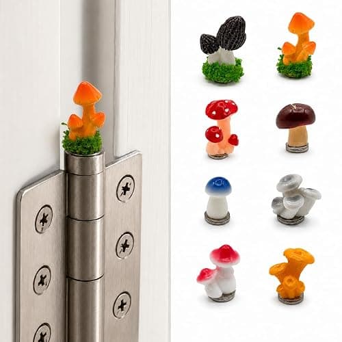 8 Pack Mushroom Door Hinge Toppers, Colorful Magnetic Resin Hinge Heads | Eight colorful resin mushroom hinge toppers add cottagecore charm to doors, cabinets and compatible magnetic surfaces. - Image 1