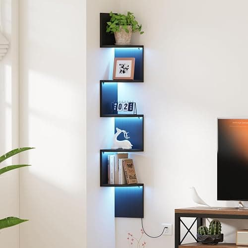 Qupui Corner Shelf Wall Mount with LED Light, 5 Tier Floating Corner Bookshelf, Plant Shelf for Bedroom, Floating Shelves for Wall, Display Stand for Living Room, Bathroom, Home Office, Black - Image 1