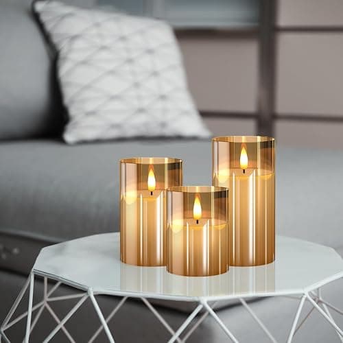 Tyawon Glass Battery Operated LED Flameless Candles with Remote and Timer, Real Wax Candles Warm Color Flickering Light for Festival Wedding Home Party Decor(Pack of 3)-Gold thumbnail 5