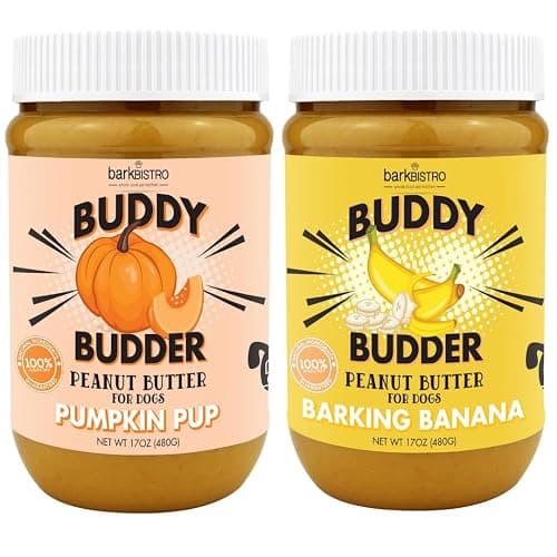 BUDDY BUDDER Barkin Banana + Pumpkin Pup, 100% All Natural Dog Peanut Butter, Peanut Butter Dog Treat, Made in USA (Set of 2 | 17oz ea) - Image 1