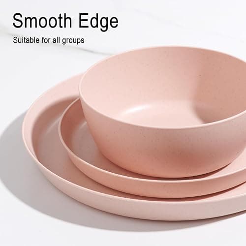 EI 12pcs Pink Wheat Straw Plates,Wheat Straw Dinnerware Set for 4,Plates and Bowls Sets,Plastic Plate Reusable,Unbreakable Plastic Plate Melamine,Camping Family Dishes Set thumbnail 4