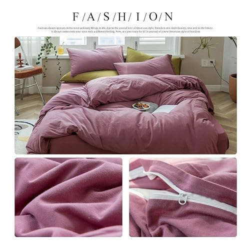 AMWAN Modern Purple Mauve Solid Cotton Duvet Cover with 2 Pillowcases, King Size, Knit Comforter Cover, Luxurious Bedding Set thumbnail 2
