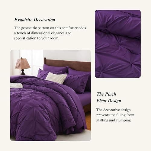 Sheet&Joy Comforter Set Purple - Bed in a Bag Queen Size 7 Pieces, Pintuck Bed Set Gift for Family, Pinch Pleat Comforter with Sheets, Pillowcases & Shams thumbnail 3