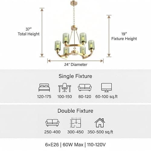 Virelite Modern Gold Chandelier 6-Light - 24" Olive Green Fluted Glass Pendant Light, High-End Brass Hanging Ceiling Fixture for Dining Room, Kitchen Island, Living Room thumbnail 8