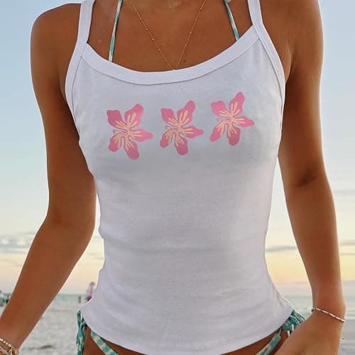 Women Y2k Hibiscus Beachy Tank Tops Summer Floral Graphic Cropped Shirts Cute Spaghetti Strap Ribbed Fitted Camisole thumbnail 3
