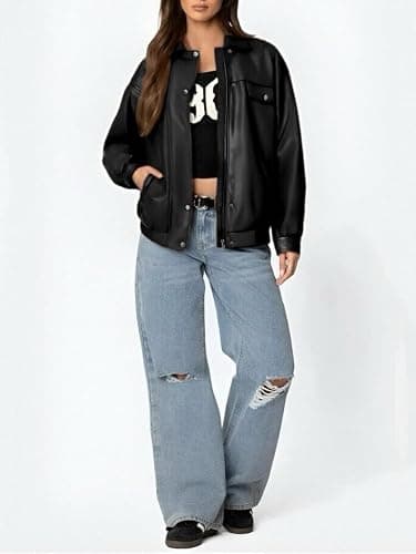 hathne Women's PU Leather Jacket Oversized Vintage Long Sleeve Motorcycle Faux Leather Blazer Jackets thumbnail 6