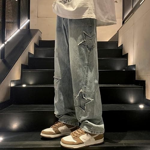 Y2K Vintage Men Korean Blue Streetwear Oversize Star Aesthetic Straight Trousers Wide Leg Jeans Grunge Denim Pants thumbnail 2