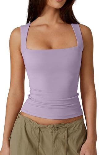 QINSEN Women's Square Neck Sleeveless Double-Layer Tank Tops Basic Tight T Shirts - Image 1