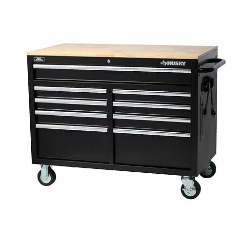 HuskyTools Workbench, Extra Deep 46 in. 9-Drawer Mobile, Wood, Black, 200 lb Load Capacity - Image 1