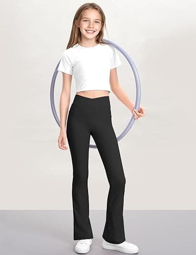 KEREDA Girls Flare Leggings High Waist Cross Bell Bottoms for Girls Yoga Dance Pants with Pockets Size 7-14 Years thumbnail 4