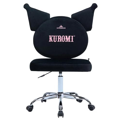 Impressions Vanity Kuromi Armless Swivel Cute Desk Chair for Bedroom, Velvet Makeup Vanity Chair with Back, Rolling Wheels Silver Metallic Base and Adjustable Height (Black) thumbnail 7