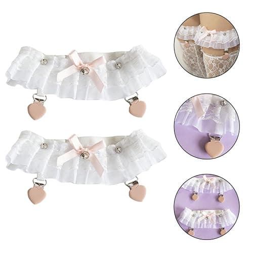 Outanaya Lolita Strumpfbänder mit Herzförmigen Clips aus Spitze und Metall Elastische Garters für Damen zur Kostümdekoration und Formellen Anlässen 1 Paar Weiß thumbnail 7