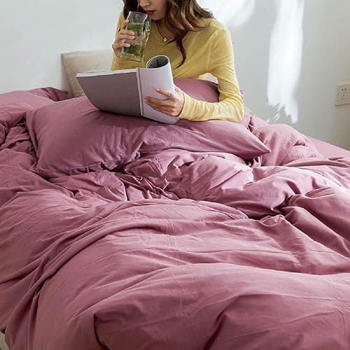 AMWAN Modern Purple Mauve Solid Cotton Duvet Cover with 2 Pillowcases, King Size, Knit Comforter Cover, Luxurious Bedding Set thumbnail 3