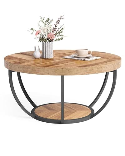 LITTLE TREE Round Coffee Table, 32" Circle Coffee Table for Living Room, 2-Tier Wood Accent Center Table with Open Storage Industrial Design Home Furniture (Wood Grain and Black) - Image 1