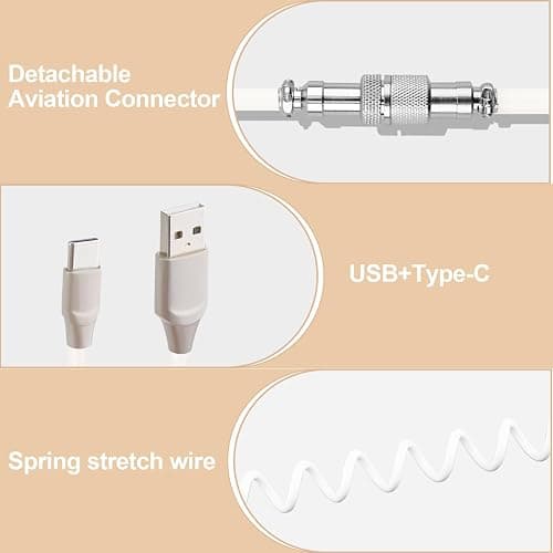 ltteea Coiled Keyboard Cable 1.8m,Type-C To USB A TPU Spring Mechanical Cable with Detachable Metal Aviator Connector Extendable Custom Coiled USB-C for PC Laptop Gaming Keyboard (White) thumbnail 3