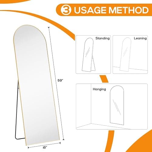 Aidoly 16"x59" Arched Mirror Full Length, Upgraded Body Wall Mirrors | Shatter-Proof Glass, Floor Standing, Hanging or Leaning, Tall Arch Mirror with Stand Aluminum Alloy Frame for Bedroom, Gold thumbnail 2