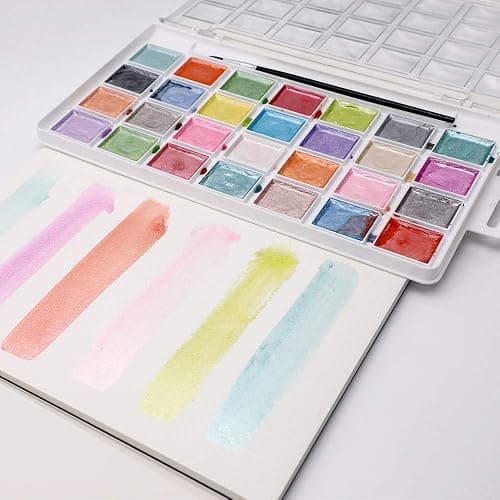 Artecho 28 Metallic Watercolor Paint Set, Glitter Colors, Semi-Moist Pearlescent Water color, Ideal for Beginners and Artists thumbnail 4