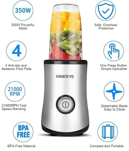Amateys Personal Blender with Button,350W Professional Kitchen Blender for Smoothies and Shakes,Portable Smoothie Blender,Easy Cleaning&Operation,Suitable for Carrying or Storage - Personal Blender thumbnail 4