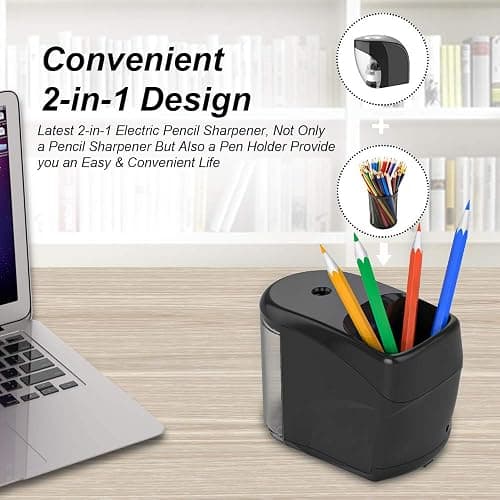 Electric Pencil Sharpener Heavy-Duty Helical Blade Sharpener with Adapter/Battery Operated for No.2/ (6-8mm) Pencils with Auto Stop & Cleaning Brush in School/Classroom/Office (Black) thumbnail 2