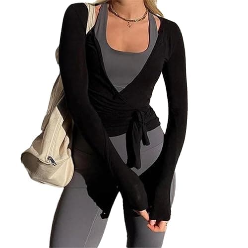 Pilates Wrap Tie Shirt Tops for Women Long Sleeve Ballet Tie Top Dance Ballerina Cover Up Top Yoga Workout Blouse - Image 1