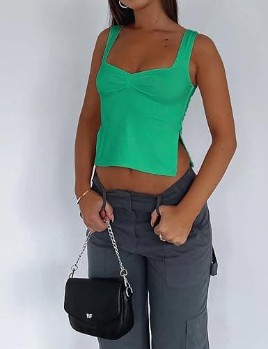 ForeFair Women Sleeveless Backless Crop Tank Top Summer Going Out Outfits Cute Pleated Sweetheart Neck Strappy Y2K Slits Tops thumbnail 3