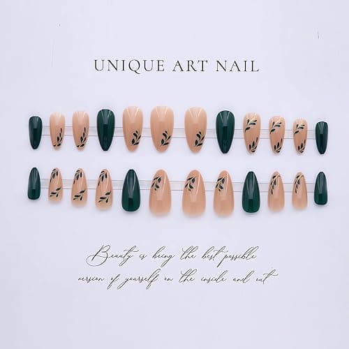 LPOODDNU Almond Press on Nails - Dark Green Medium Fake Nails with Leaf Designs, Glossy Finished Reusable False Nails with Double Adhesive Glue Tabs - 24Pcs Nail Kit for Women Manicure thumbnail 2