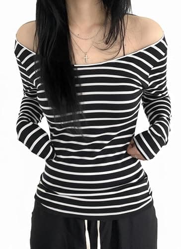 EMMIOL Off The Shoulder Tops for Women Striped Long Sleeve Shirts Going Out Top Y2k Fall Clothes - Image 1