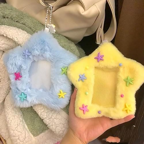 2 Pcs Star Photocard Holder Cute Plush Keychain Pendant 3 Inch Photo Card Holder Student Card Bag ID Card Case Photo Protective Sleeves ID Badge Holder (Blue and Yellow) thumbnail 2