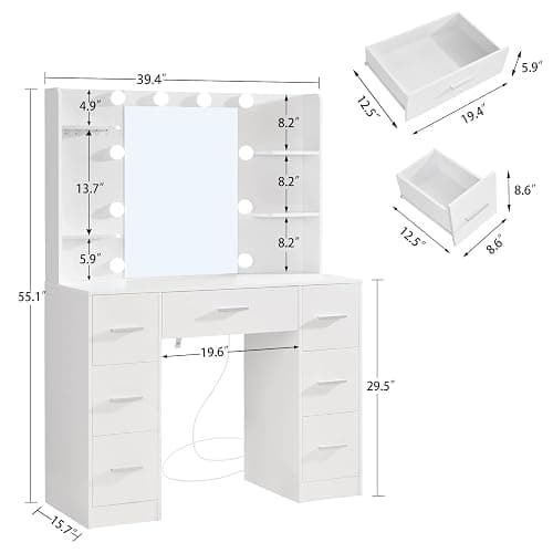 TEENFON Large Makeup Vanity, Vanity Desk with Mirror and Lights, Power Strip, Makeup Vanity Table with 7 Drawers, 4 Shelves and 5 Jewel Hooks, Bedroom, White thumbnail 2