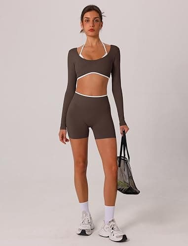 ABOCIW Workout Sets for Women 2 Piece Seamless Color Block Long Sleeve Crop Top Scrunch Butt High Waist Shorts Gym Set thumbnail 6