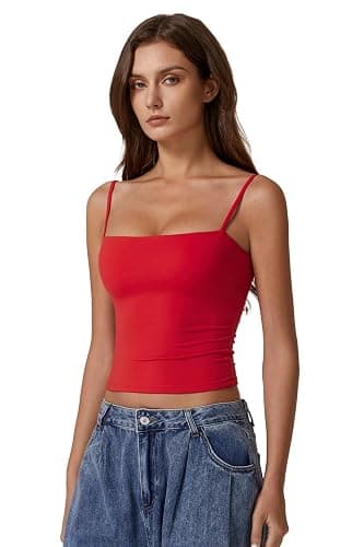 QINSEN Women's Double Lined Basic Tank Top Adjustable Spaghetti Straps Sleeveless Camisole Shirts thumbnail 3