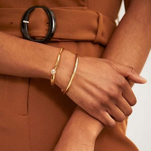 PERNNLA PEARL Dainty Gold Bar Bracelet for Women Simple Delicate Thin Cuff Bangle Hook Bracelet 18K Gold Plated Handmade Minimalist Jewelry thumbnail 5