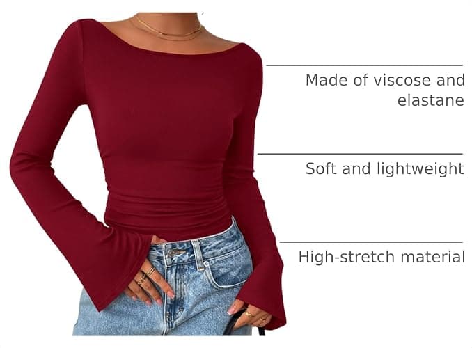 PRETTYGARDEN Womens Bell Long Sleeve Ribbed Knit Tops | Trendy Boat Neck Y2K Cropped Going Out Tops, Ruched Slim Fit Cute Garment Friendly Shirts, Fall Outfits, Fashion Clothing thumbnail 4