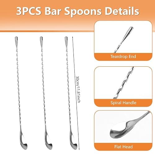 3 PCS 12 Inch Bar Spoon, Stirring Spoons, Cocktail Spoon, Drink Stirrer, Mixing Spoon Spiral Pattern Stainless Steel Cocktail Stirrers for Home or Bar Cocktail, Coffee, Ice Cream, Sundae (Silver) thumbnail 3