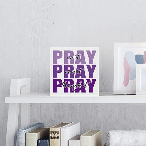 Inspirational Bathroom Room Decor, Christian Bible Desk Decoration, Accessories for Women Office, Dorm Decor Gifts for Women, Wooden Box Sign for Home Bedroom Table Shelf-Pray Through It(purple) thumbnail 5