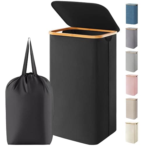 Lifewit 100L Laundry Basket with Lid, Clothes Hampers for Laundry with Bamboo Handles and 1 Removable Bag, Large Foldable Laundry Hamper for Bedroom, Bathroom, Dorm, Laundry Room, Black - Image 1