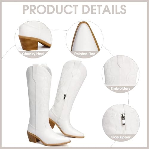 Platikly White Cowboy Boots for Women - Wide Calf Rhinestone Cowgirl Boots, Women Knee High Western Boots, Glitter Sparkly Ladies Tall Boots with Classic Embroidery and Side Zipper, Retro Classic Country Boots Pull On for Ladies thumbnail 4