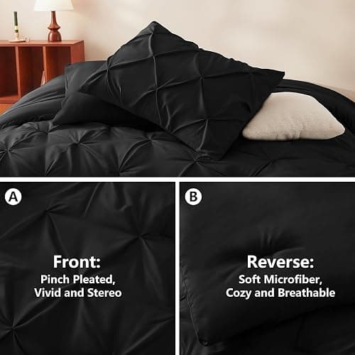 CozyLux Queen Comforter Set Black, 7 Pieces Pintuck Bed in A Bag, All Season Comforter Queen Size, Bed Set Gift for Family, Pinch Pleat Bedding Sets with Comforter, Sheets, Pillowcases & Shams thumbnail 5