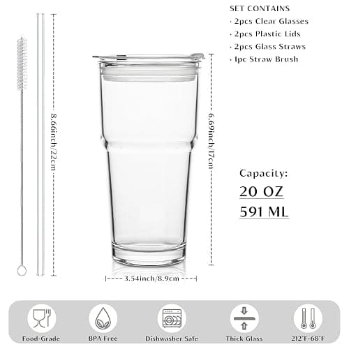 INSETLAN 20oz Clear Glass Cup with Lid and Glass Straw, Set of 2 Thickened Glass Coffee Tumblers, Drinking Glasses with Straw for Smoothie, Tea, Milk, Whiskey, Water and More – Elegant & Durable thumbnail 3