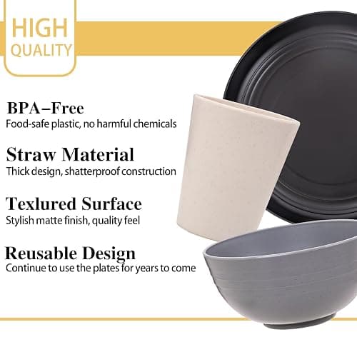 Rubtlamp Wheat Straw Dinnerware Sets, 16PCS Plastic Dinnerware Set for 4, Wheat Straw Plates and Bowls Sets, Unbreakable Dinnerware Plastic Microwave Safe Dishes Set for Kitchen&Camping thumbnail 7