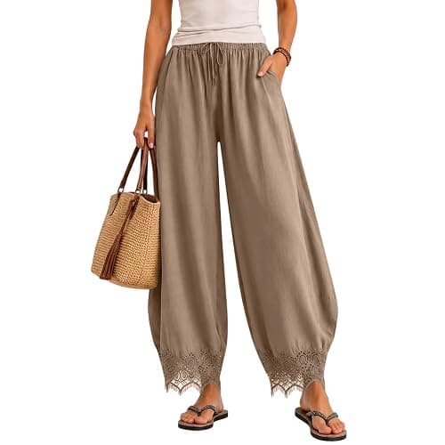 Womens Cropped Lace Trim Pants High Waisted Elastic Drawstring Wide Leg Trousers Casual Flowy Boho Pant with Pockets thumbnail 2
