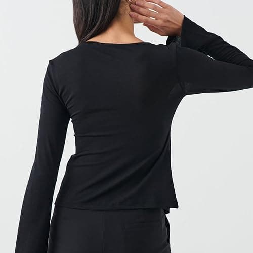 Owegvia Women Long Sleeve V Neck Solid Color Trendy T-Shirt Tie Up Bow Basic Shirt Blouses for Streetwear Aesthetic Clothes thumbnail 4