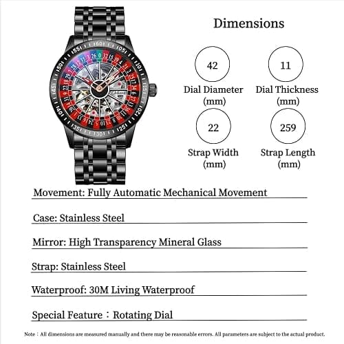 Roulette Wheel Automatic Mechanical Watch for Men Swinging Rotary Dial Design Hollow Skeleton Watches Stainless Steel Waterproof Business Luxury Wristwatch thumbnail 8